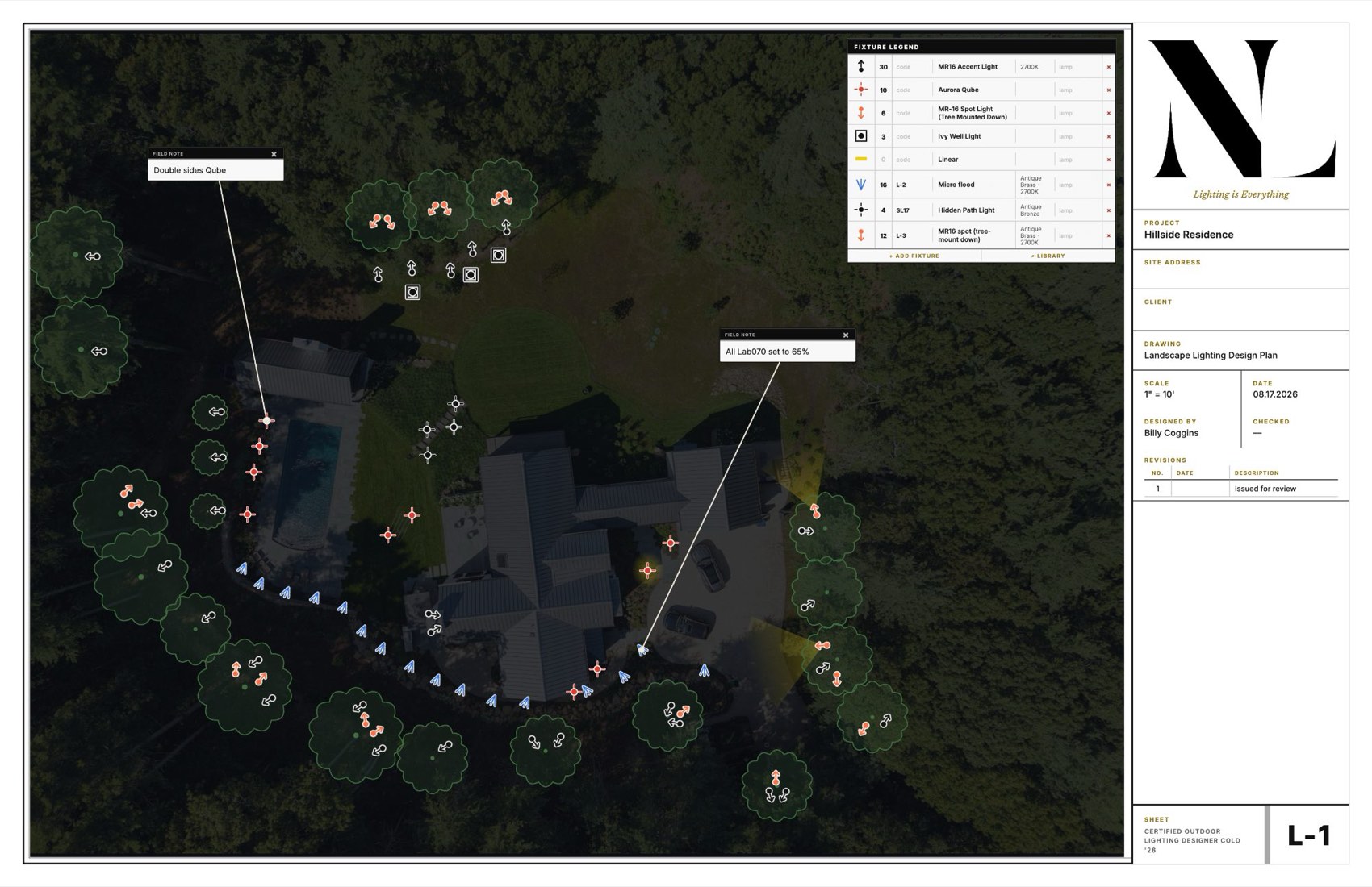 A landscape lighting plan drawn in NiteLiteOS: aerial site plan with fixtures, beam spreads, notes and a full fixture legend